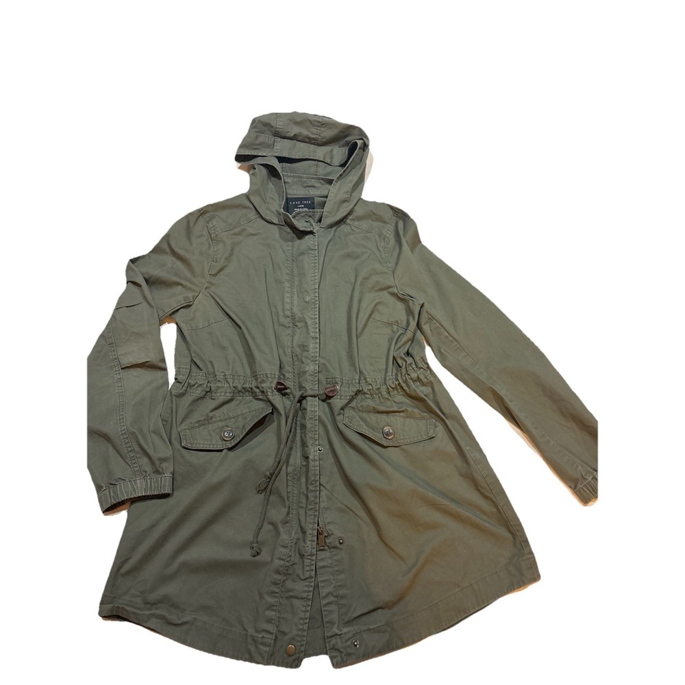 Love Tree Olive Hooded Anorak Jacket Drawstring Pockets Button Full Zip Large